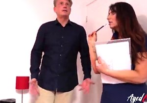 Brunette in black and red showing her oral skills