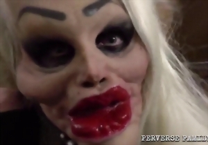 Submissive inked blonde sucks his hard penis on the knees