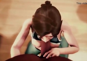 Awesome short-haired lady sucks a big 3D penis on the knees